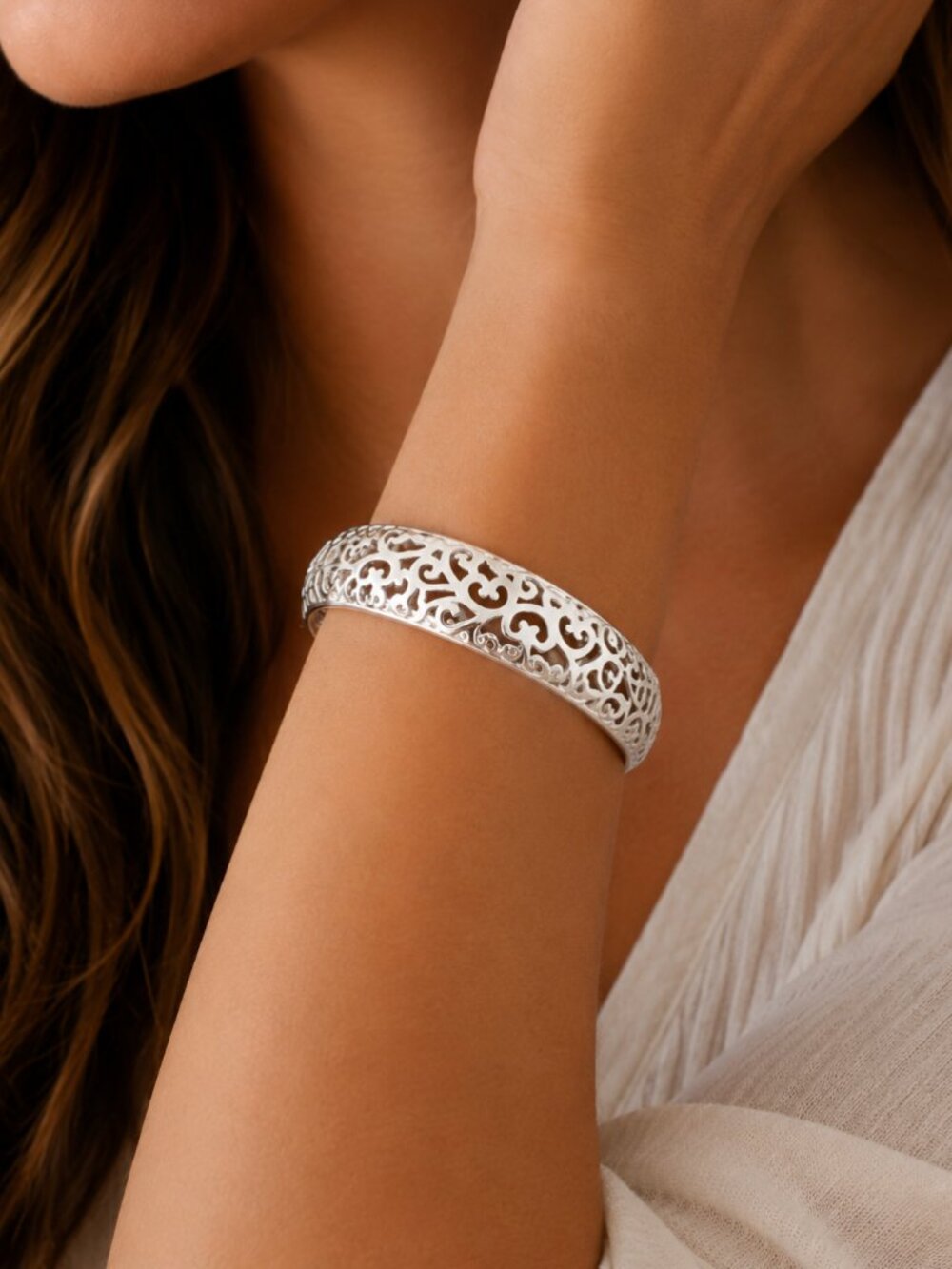 925 Sterling Silver Cuff Bracelet Bangle Bracelet Floral Cutout Chunky Bracelet